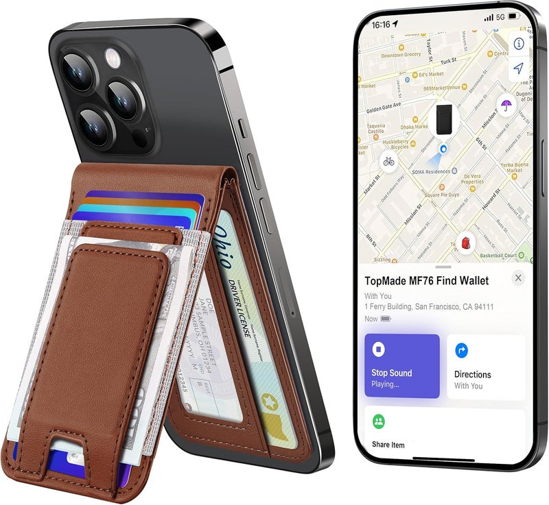 TopMade for MagSafe Wallet Stand with Money Clip, Works with Apple Find My, Magnetic Wallet for iPhone 17/16/15/14/13/12 Series, for iPhone Wallet with Finder Tracker, Brown(Gray Elastic Band) - Image 1